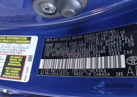 2018 Toyota Corolla Se z USA, uszkodzony, nr VIN 2T1BURHE9JC041784